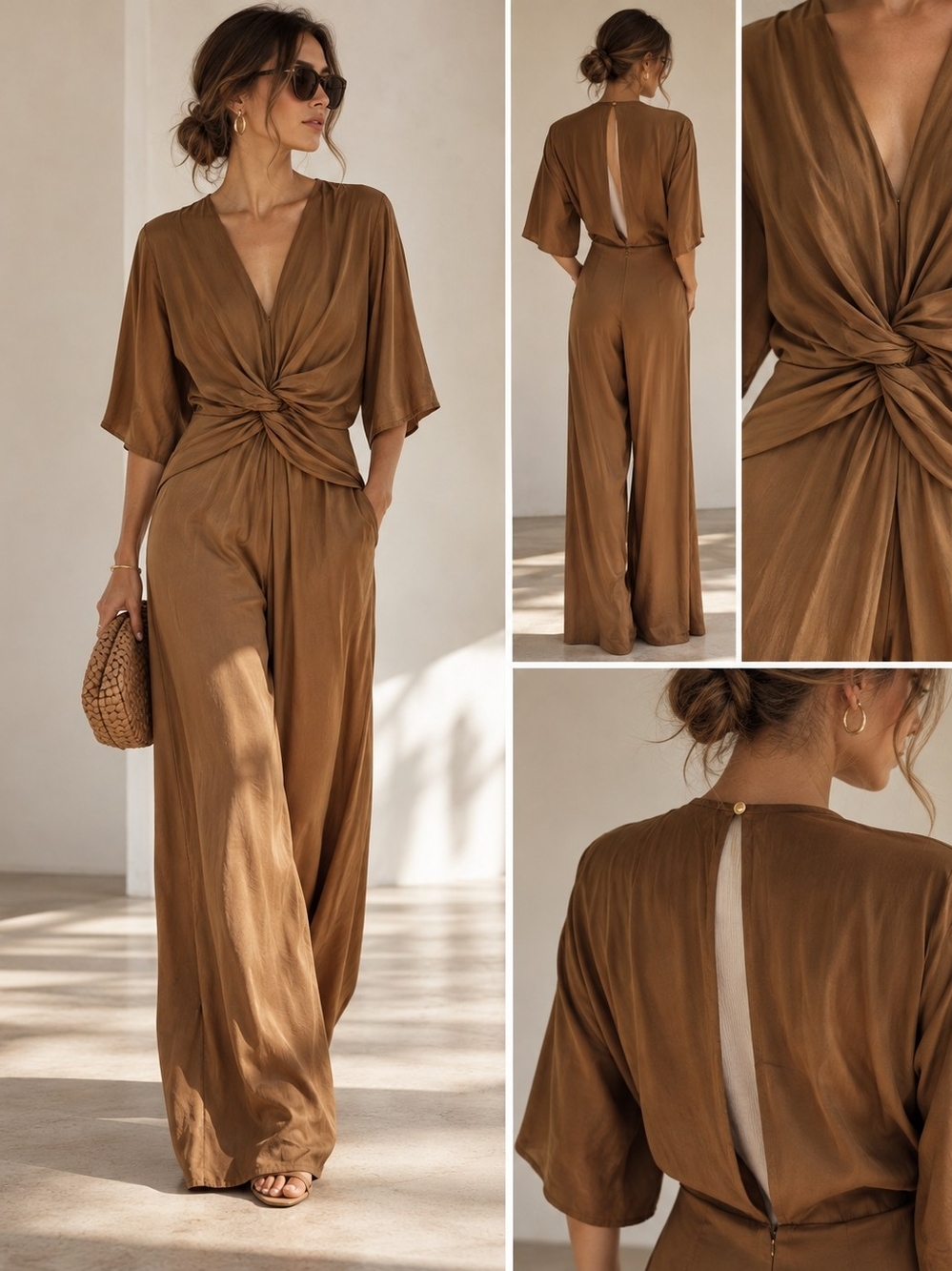 Zara Women's Brown Knot-Front Wide-Leg Jumpsuit